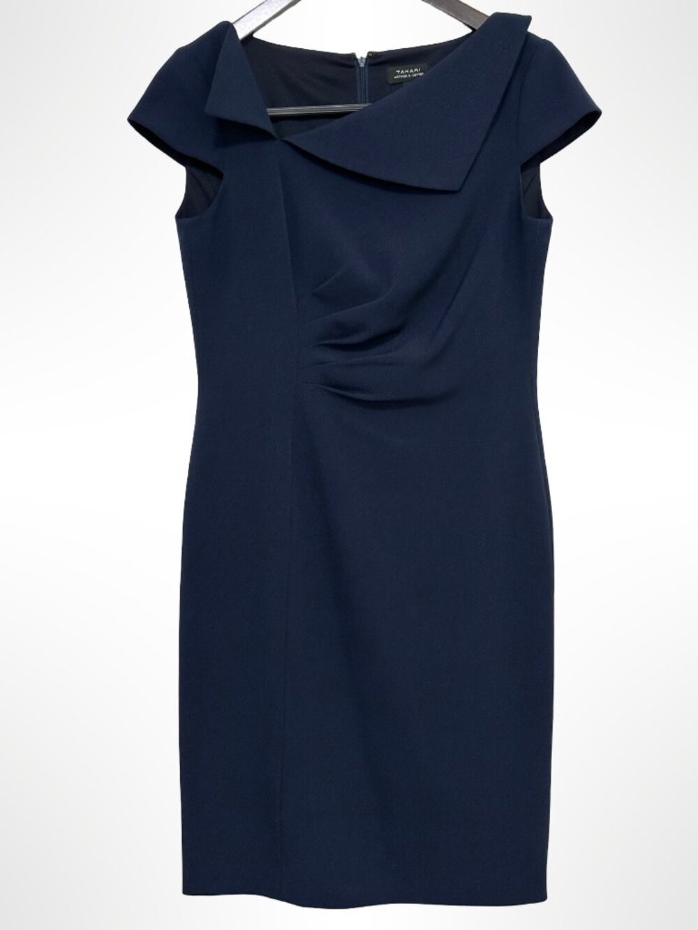 TAHARI ARTHUR S LEVINE Ruched Asymmetrical Neckline Sheath Dress Blue Size 6